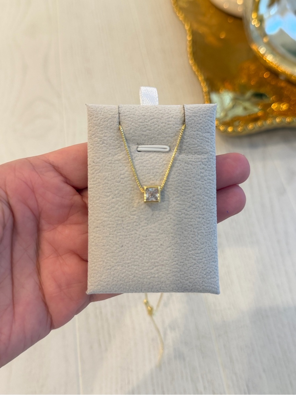 Gold Square Pendant Necklace with Clear Stone